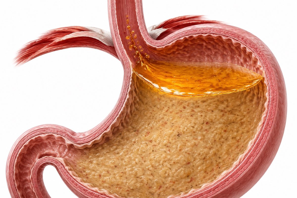 A concentrated pocket of acid sitting on top of the meal, near the esophageal entrance