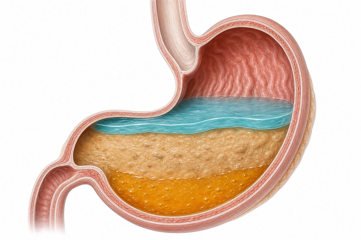 An alginate raft floating above the stomach contents, with the acid pocket displaced downward