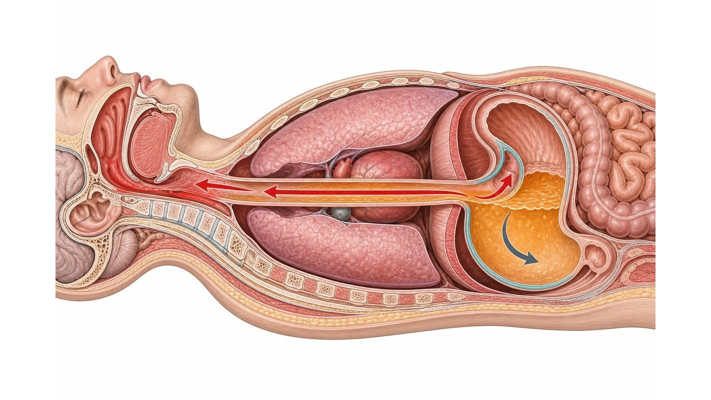 Lying flat: crimson arrows show contents travelling along the esophagus toward the throat