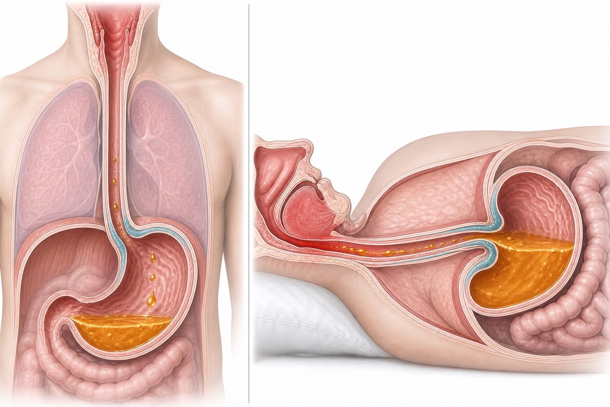 Upright, stomach contents settle away from the esophagus; lying flat, they pool against the opening