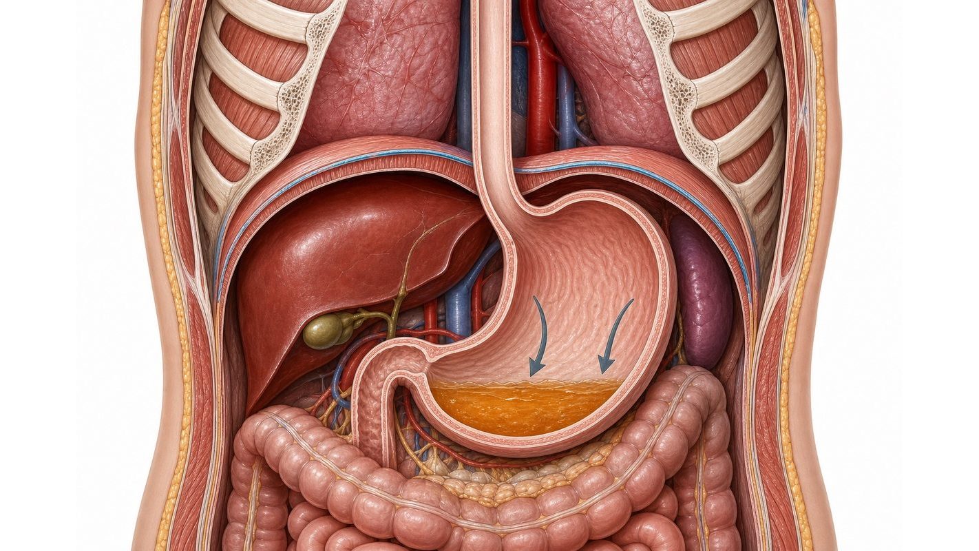 Upright: grey arrows show stomach contents settling low, away from the esophageal opening