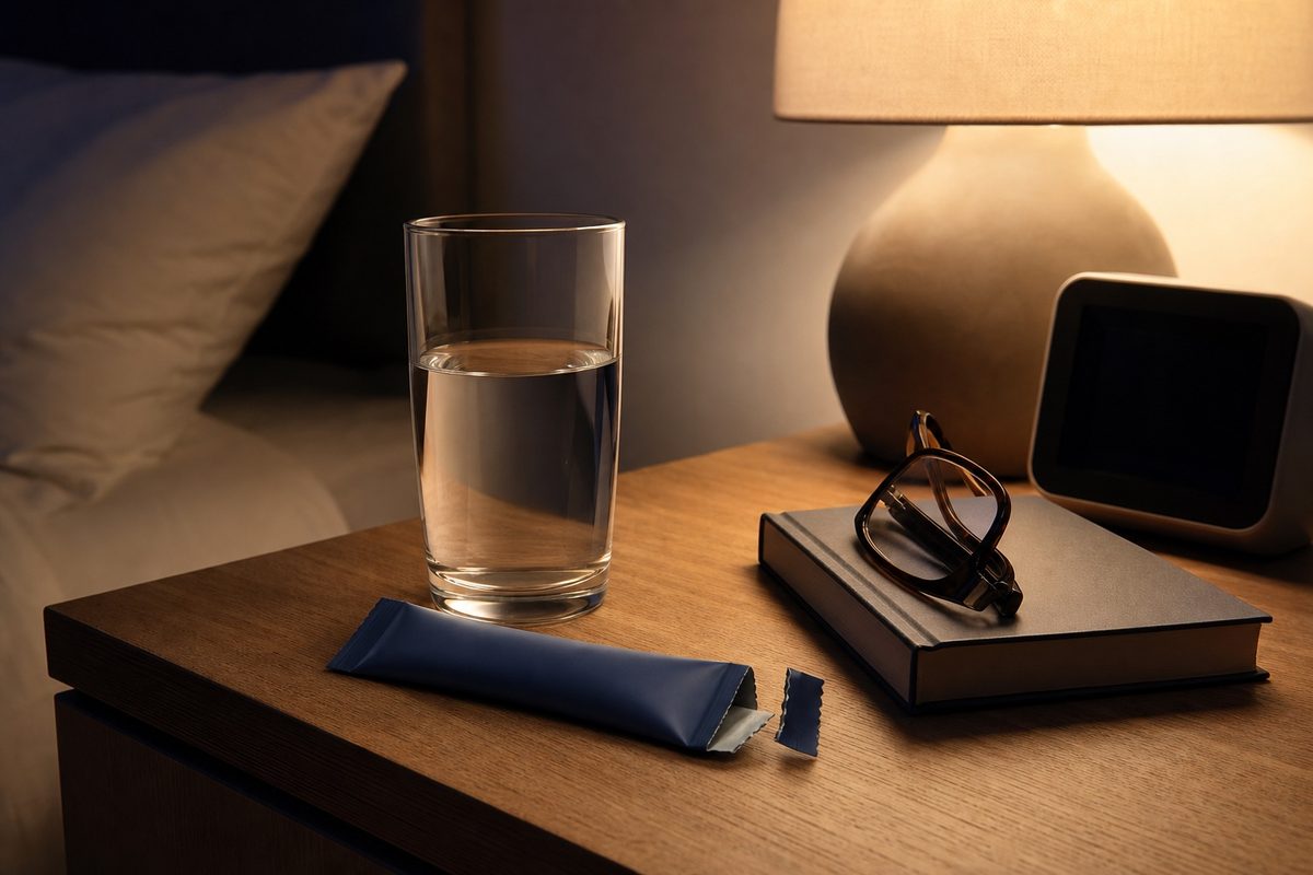 A stick sachet and a glass of water on a bedside table under a lamp