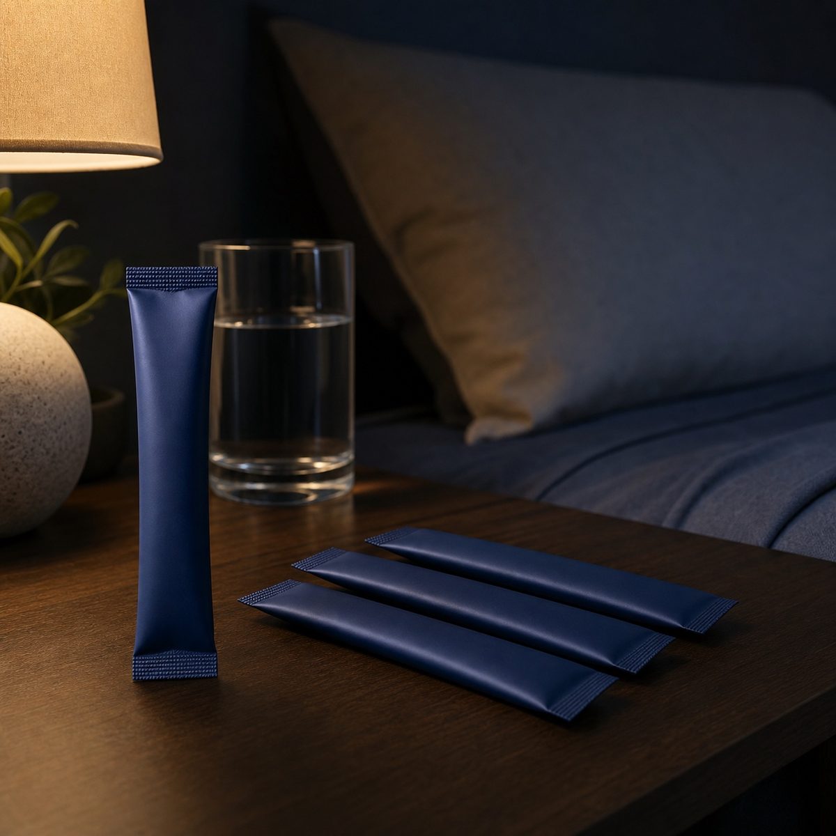 Night Raft single-serve stick sachets on a bedside table